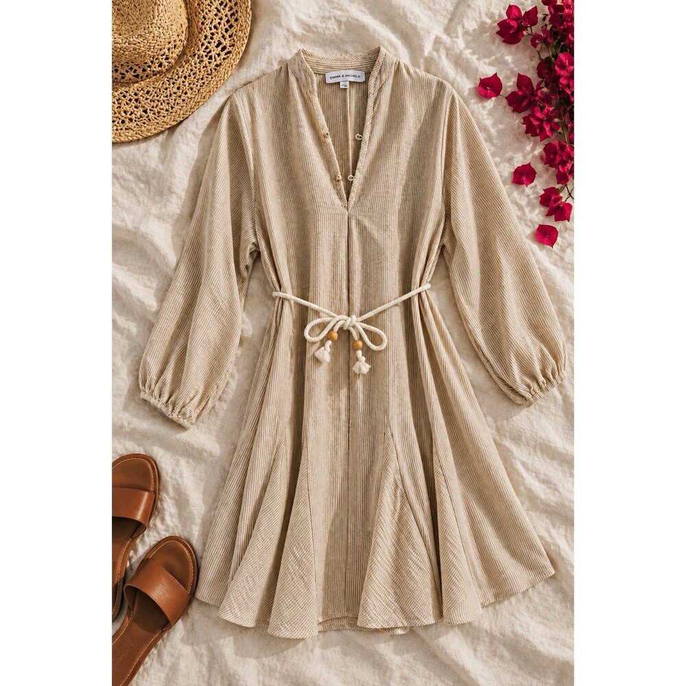 Emma & Michele Beige Striped Belted Fit Flare Dress M Boho Coastal